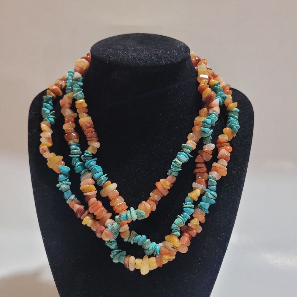 Multi-strand Turquoise Carnelian Natural Stones Bead Necklace